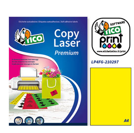 ETICHETTA ADESIVA LP4F - PERMANENTE - 210X297 MM - 1 ETICHETTA PER FOGLIO - GIALLO FLUO - TICO - CONF. 70 FOGLI A4 53670