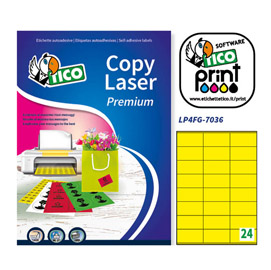 ETICHETTA ADESIVA LP4F - PERMANENTE - 70X36 MM - 24 ETICHETTE PER FOGLIO - GIALLO FLUO - TICO - CONF. 70 FOGLI A4 58405
