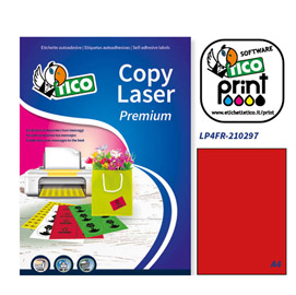 ETICHETTA ADESIVA LP4F - PERMANENTE - 210X297 MM - 1 ETICHETTA PER FOGLIO - ROSSO FLUO - TICO - CONF. 70 FOGLI A4 53668