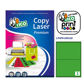 ETICHETTA ADESIVA LP4F - PERMANENTE - 200X142 MM - 2 ETICHETTE PER FOGLIO - VERDE FLUO - TICO - CONF. 70 FOGLI A4 53664