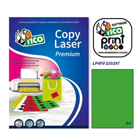 ETICHETTA ADESIVA LP4F - PERMANENTE - 210X297 MM - 1 ETICHETTA PER FOGLIO - VERDE FLUO - TICO - CONF. 70 FOGLI A4 53671
