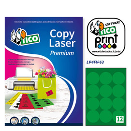 ETICHETTA ADESIVA LP4F - PERMANENTE - TONDA D 63.5 MM - 12 ETICHETTE PER FOGLIO - VERDE FLUO - TICO - CONF. 70 FOGLI A4 68628