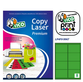 ETICHETTA ADESIVA LP4F - PERMANENTE - 99,1X67,7 MM - ANGOLI TONDI - 8 ETICHETTE PER FOGLIO - VERDE FLUO - TICO - CONF. 70 FOGLI A4 68632