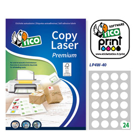 ETICHETTA ADESIVA LP4W - PERMANENTE - TONDA D40 MM - 24 ETICHETTE PER FOGLIO - BIANCO - TICO - CONF. 100 FOGLI A4 83243