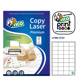 ETICHETTA ADESIVA LP4W - PERMANENTE - 47,5X35 MM - 32 ETICHETTE PER FOGLIO - BIANCO - TICO - CONF. 100 FOGLI A4 83232