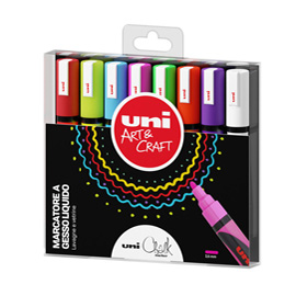MARCATORE A GESSO LIQUIDO UNI CHALK MARKER - PUNTA TONDA 1,80 - 2,50 MM - COLORI ASSORTITI - UNI MITSUBISHI - BUSTA 8 PEZZI 85792