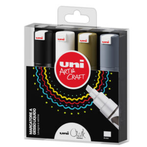 MARCATORE A GESSO LIQUIDO UNI CHALK MARKER - PUNTA SCALPELLO DA 1,80-2,50 MM - COLORI ASSORTITI - UNI MITSUBISHI - BUSTA 4 PEZZI 89224