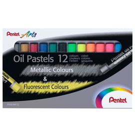 PASTELLI A OLIO - LUNGHEZZA 60 MM - COLORI FLUO E METAL ASSORTITI - PENTEL - ASTUCCIO 12 PEZZI 99852