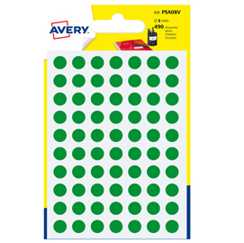 ETICHETTA ADESIVA TONDA PSA - PERMANENTE - D 8 MM - VERDE - AVERY - BLISTER 420 ETICHETTE 83408