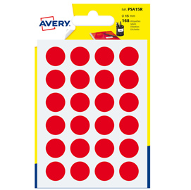 ETICHETTA ADESIVA TONDA PSA - PERMANENTE - D 15 MM - ROSSO - AVERY - BLISTER 168 ETICHETTE 83401