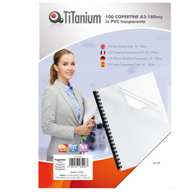 COPERTINE RILEGATURA - A3 - 180 MICRON - PVC - NEUTRO TRASPARENTE - TITANIUM - SCATOLA 100 PEZZI 68460