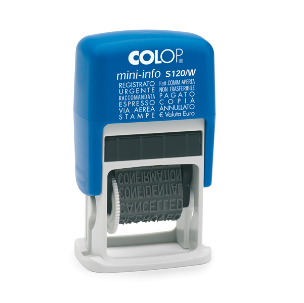 TIMBRO MINI INFO S120-W POLINOMIO - 12 DICITURE 4 MM - AUTOINCHIOSTRANTE - COLOP 38125