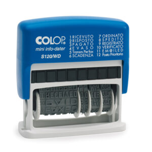 TIMBRO MINI INFO DATER S120-WD DATARIO + POLINOMIO - 12 DICITURE 4 MM - AUTOINCHIOSTRANTE - COLOP 38128