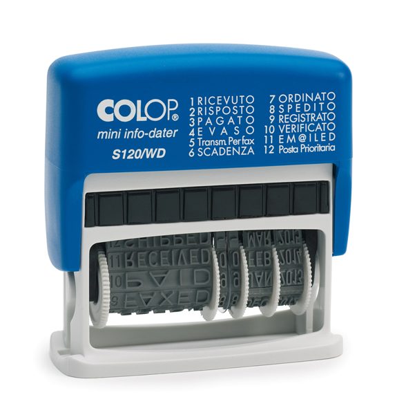 TIMBRO MINI INFO DATER S120-WD DATARIO + POLINOMIO - 12 DICITURE 4 MM - AUTOINCHIOSTRANTE - COLOP 38128