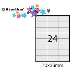 ETICHETTA ADESIVA - PERMANENTE - 70X36 MM - 24 ETICHETTE PER FOGLIO - BIANCO - STARLINE - CONF. 100 FOGLI A4 STL3023