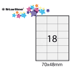 ETICHETTA ADESIVA- PERMANENTE - 70X48 MM - 18 ETICHETTE PER FOGLIO - BIANCO - STARLINE - CONF. 100 FOGLI A4 STL3026