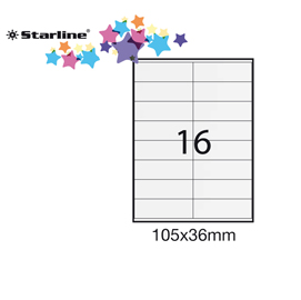 ETICHETTA ADESIVA - PERMANENTE - 105X36 MM - 16 ETICHETTE PER FOGLIO - BIANCO - STARLINE - CONF. 100 FOGLI A4 STL3027