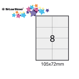ETICHETTA ADESIVA - PERMANENTE - 105X72 MM - 8 ETICHETTE PER FOGLIO - BIANCO - STARLINE - CONF. 100 FOGLI A4 STL3033