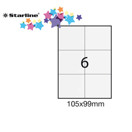 ETICHETTA ADESIVA - PERMANENTE - 105X99 MM - 6 ETICHETTE PER FOGLIO - BIANCO - STARLINE - CONF. 100 FOGLI A4 STL3035