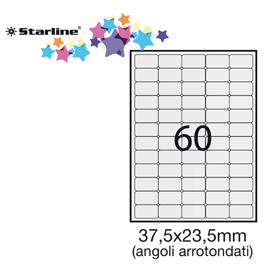 ETICHETTA ADESIVA - PERMANENTE - 37,5X23,5 MM - ANGOLI TONDI - 60 ETICHETTE PER FOGLIO - BIANCO - STARLINE - CONF. 100 FOGLI A4 STL3048