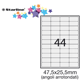 ETICHETTA ADESIVA - PERMANENTE - 47,5X25,5 MM - ANGOLI TONDI - 44 ETICHETTE PER FOGLIO - BIANCO - STARLINE - CONF. 100 FOGLI A4 STL3049