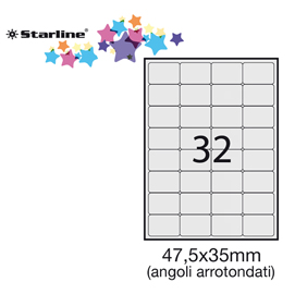 ETICHETTA ADESIVA - PERMANENTE - 47,5X35 MM - ANGOLI TONDI - 32 ETICHETTE PER FOGLIO - BIANCO - STARLINE - CONF. 100 FOGLI A4 STL3052
