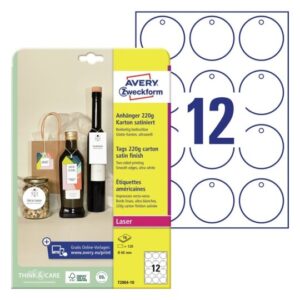 CARTELLINO STAMPABILE - CON BORDI LISCI - LASER - CARTONCINO - DIAMETRO 60 MM - 12 CART/FG - 10 FOGLI A4 - BIANCO - AVERY 101303