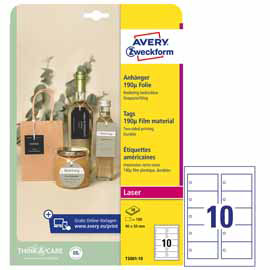CARTELLINO STAMPABILE RESISTENTE - LASER - PLASTICA 190 MIC - 90 X 50 MM - 10 CART/FG - 10 FOGLI A4 - BIANCO - AVERY 101311