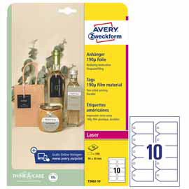 CARTELLINO STAMPABILE RESISTENTE - PLASTICA 190 MIC - CON ANGOLI TAGLIATI - LASER - 90 X 50 MM - 10 CART/FG - 10 FOGLI - BIANCO - AVERY 101312