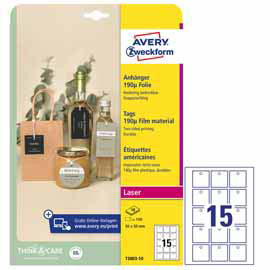 CARTELLINO STAMPABILE RESISTENTE - PLASTICA 190 MIC -  LASER - 50 X 50 MM - 15 CART/FG - 10 FOGLI - BIANCO - AVERY 101313