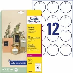 CARTELLINO STAMPABILE RESISTENTE - PLASTICA 190 MIC -  LASER - DIAMETRO 60 MM - 12 CART/FG - 10 FOGLI - BIANCO - AVERY 101314