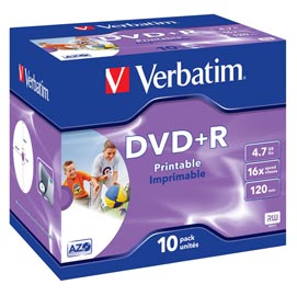 DVD+R 4,7GB 120MIN. 10PZ VERBATIM 16X PRINTABLE JC VERBDVDR4716X