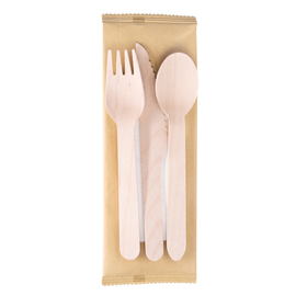 TRIS POSATE MONOUSO - CON TOVAGLIOLO - 16 CM - LEGNO - SIGNOR BIO - CONF. 100 PEZZI 96707