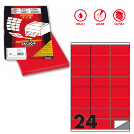 ETICHETTA ADESIVA C500 - PERMANENTE - 70X36 MM - 24 ETICHETTE PER FOGLIO - ROSSO FLUO - MARKIN - SCATOLA 100 FOGLI A4 80167
