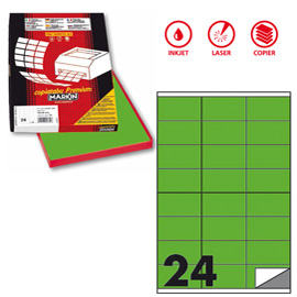 ETICHETTA ADESIVA C500 - PERMANENTE - 70X36 MM - 24 ETICHETTE PER FOGLIO - VERDE FLUO - MARKIN - SCATOLA 100 FOGLI A4 80166