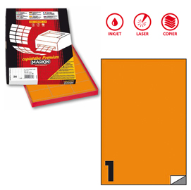 ETICHETTA ADESIVA C503 - PERMANENTE - 210X297 MM - 1 ETICHETTA PER FOGLIO - ARANCIO FLUO - MARKIN - SCATOLA 100 FOGLI A4 80169