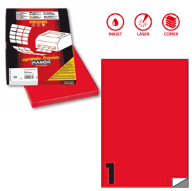 ETICHETTA ADESIVA C503 - PERMANENTE - 210X297 MM - 1 ETICHETTA PER FOGLIO - ROSSO FLUO - MARKIN - SCATOLA 100 FOGLI A4 80171