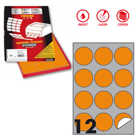 ETICHETTA ADESIVA R310 - PERMANENTE - TONDA D 60 MM - 12 ETICHETTE PER FOGLIO - ARANCIO FLUO - MARKIN - SCATOLA 100 FOGLI A4 80185