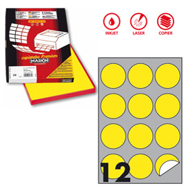 ETICHETTA ADESIVA R310 - PERMANENTE - TONDA D 60 MM - 12 ETICHETTE PER FOGLIO - GIALLO FLUO - MARKIN - SCATOLA 100 FOGLI A4 80184