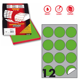 ETICHETTA ADESIVA R310 - PERMANENTE - TONDA D 60 MM - 12 ETICHETTE PER FOGLIO - VERDE FLUO - MARKIN - SCATOLA 100 FOGLI A4 80186